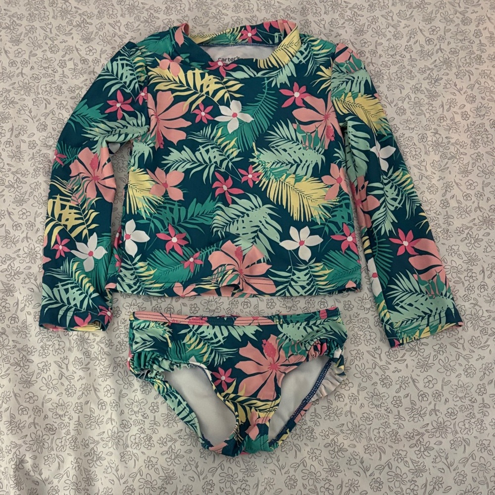 Carter's Floral Kids Swim Rashguard Set - Green, Pink, White